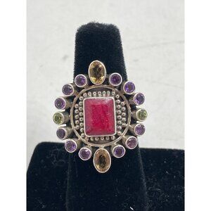 Nicky Butler Sterling Silver Multi-Gemstone Ring With Pink Purple Green & Yellow